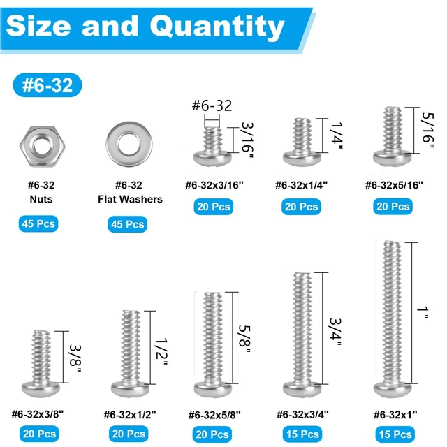 Alt view image 2 of 7 - 240pcs #6-32 Phillips Pan Head Machine Screws Nuts Washers Kit | 304 Stainless Steel, Coarse Thread, Fully Machine Thread(#6-32x 3/16", 1/4", 5/16", 3/8", 1/2", 5/8", 3/4", 1")