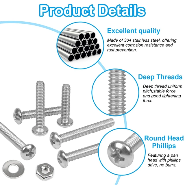 Alt view image 3 of 7 - 240pcs #6-32 Phillips Pan Head Machine Screws Nuts Washers Kit | 304 Stainless Steel, Coarse Thread, Fully Machine Thread(#6-32x 3/16", 1/4", 5/16", 3/8", 1/2", 5/8", 3/4", 1")
