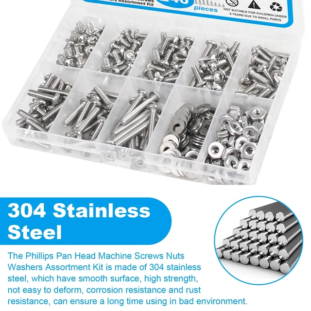 Alt view image 4 of 7 - 240pcs #6-32 Phillips Pan Head Machine Screws Nuts Washers Kit | 304 Stainless Steel, Coarse Thread, Fully Machine Thread(#6-32x 3/16", 1/4", 5/16", 3/8", 1/2", 5/8", 3/4", 1")