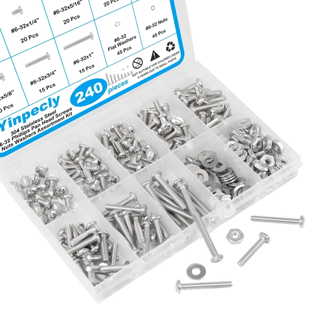 Alt view image 6 of 7 - 240pcs #6-32 Phillips Pan Head Machine Screws Nuts Washers Kit | 304 Stainless Steel, Coarse Thread, Fully Machine Thread(#6-32x 3/16", 1/4", 5/16", 3/8", 1/2", 5/8", 3/4", 1")