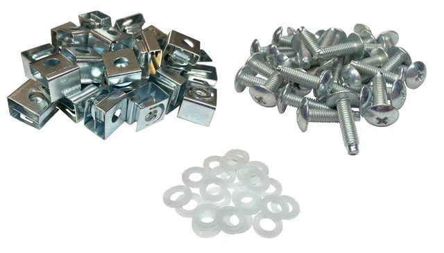 Main image of 10-32 Truss Rack Screws | Slide-on Cage Nuts & Washers | Zinc | 25 Pack | 25-pack of USA-made 10-32 pilot point rack screws and protective washers with a durable black oxide finish.