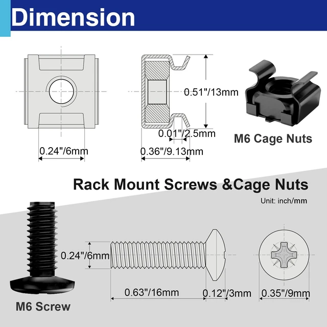 Alt view image 2 of 7 - 50PCS M6 x 16mm Rack Mount Screws and Cage Nuts with Washers | For server racks, network cabinets and equipment mounting