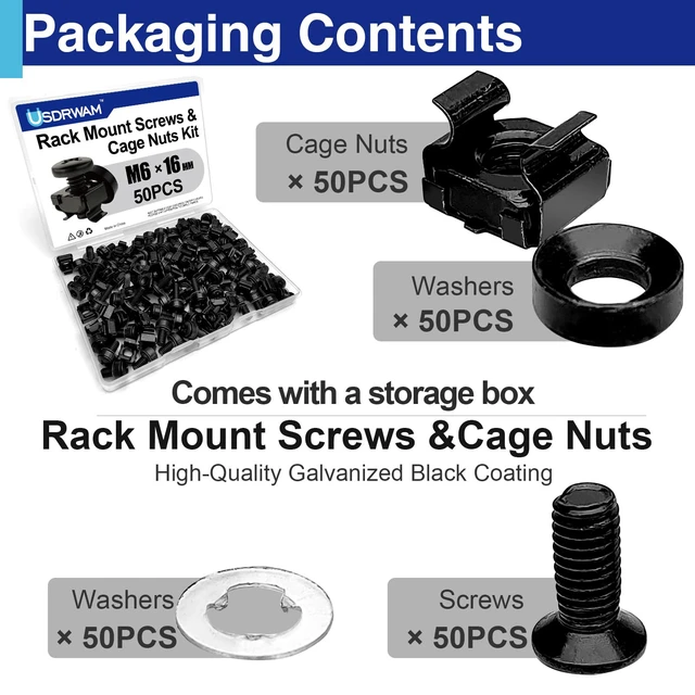 Alt view image 3 of 7 - 50PCS M6 x 16mm Rack Mount Screws and Cage Nuts with Washers | For server racks, network cabinets and equipment mounting