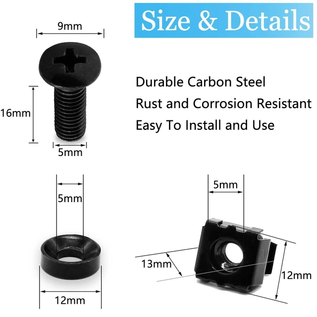 Alt view image 2 of 7 - 30 Pcs M5 x 16mm Rack Screws and Cage Nuts, Black | Computer Rack Mount Cage Screws & Nuts & Washers for Server Console Mounting, Rack Mount, Cabinets