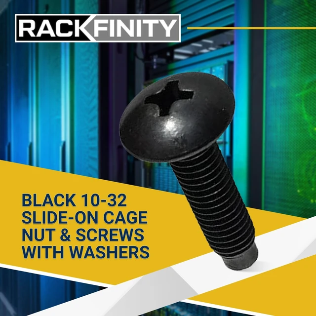 Alt view image 2 of 7 - Black 10-32 Slide-on Cage Nut & Screws w/Washers | 25-Pack | 25-pack of 10-32 combo kit Slide-on cage nuts for unthreaded rails Black oxide screws with protective washers Made in USA