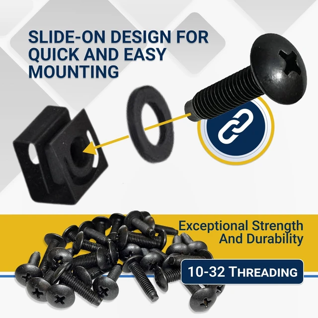 Alt view image 5 of 7 - Black 10-32 Slide-on Cage Nut & Screws w/Washers | 25-Pack | 25-pack of 10-32 combo kit Slide-on cage nuts for unthreaded rails Black oxide screws with protective washers Made in USA