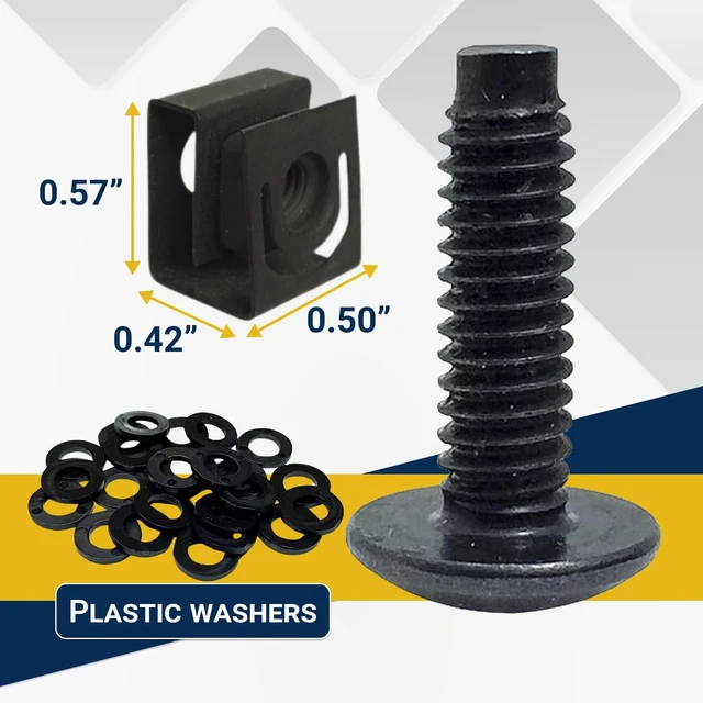 Alt view image 7 of 7 - Black 10-32 Slide-on Cage Nut & Screws w/Washers | 25-Pack | 25-pack of 10-32 combo kit Slide-on cage nuts for unthreaded rails Black oxide screws with protective washers Made in USA