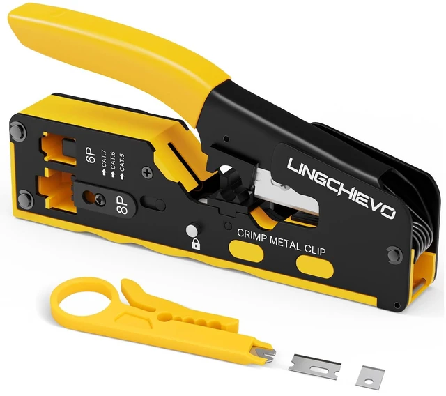 Main image of Pass Through RJ45 Crimp Tool for Cat7 Cat6 Cat5 Ethernet Crimper | Ethernet Wire Crimping Tool for RJ11/RJ12 Standard and RJ45 Pass Through Connectors with Mini Cable Stripper and Extra Blades