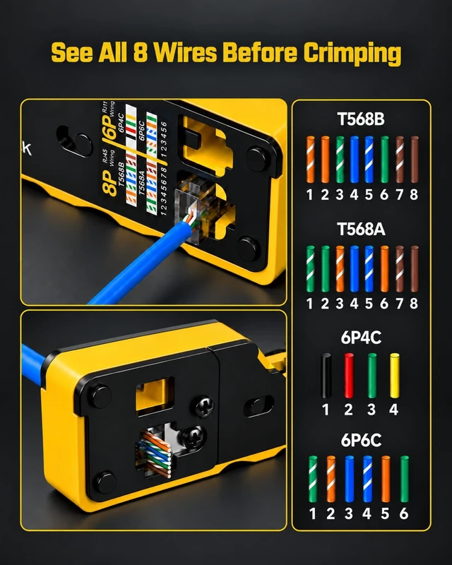 Alt view image 2 of 5 - Pass Through RJ45 Crimp Tool for Cat6 Cat5e Cat6a Connector | All-in-One Ethernet Crimper Wire Stripper Cutter with Wiring Guide & 2 Spare Blades