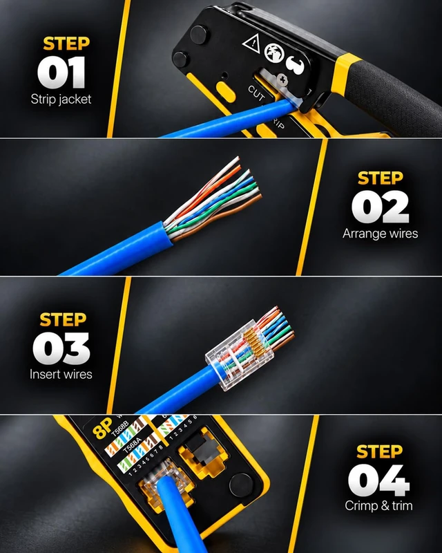 Alt view image 5 of 5 - Pass Through RJ45 Crimp Tool for Cat6 Cat5e Cat6a Connector | All-in-One Ethernet Crimper Wire Stripper Cutter with Wiring Guide & 2 Spare Blades
