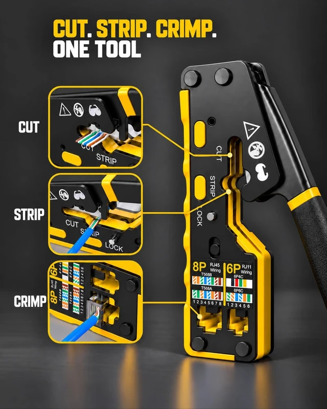 Alt view image 3 of 5 - Pass Through RJ45 Crimp Tool for Cat6 Cat5e Cat6a Connector | All-in-One Ethernet Crimper Wire Stripper Cutter with Wiring Guide & 2 Spare Blades