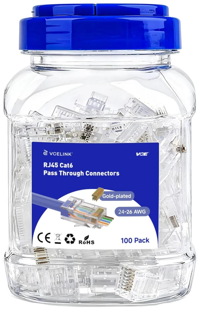 Main image of Cat6 RJ45 Pass Through Connectors 100-Pack 10Gbps Gold Plated 24-26AWG | 3-Prong Gold Plated 8P8C Contact Modular Plug in Can, Compatible with 24-26 AWG Solid or Stranded UTP Network Cable and PoE
