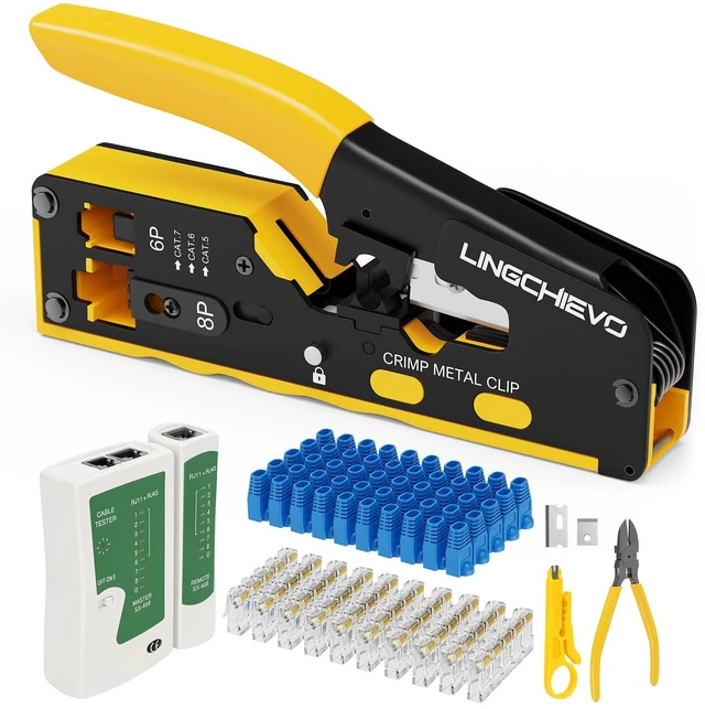 Main image of RJ45 Crimp Tool Kit Cat7 Cat6 Cat5 Pass Through Ethernet Crimper | RJ11 RJ12 RJ45 Crimping Tool with 50-Pack Cat6 RJ45 Connectors and Boots,Network Cable Tester,Mini Stripper and Wire Cutter