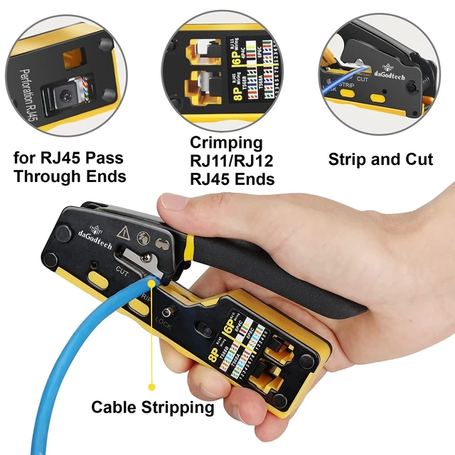 Alt view image 2 of 7 - RJ45 Pass Through Crimp Tool Kit,3-in-1 Ethernet Crimper with Wire Stripper Cutter,Network Cable Tester with Battery,Cat5/5e Cat6 Cat6a RJ45 Connectors &Boots,Network Installation Tool for Home Office