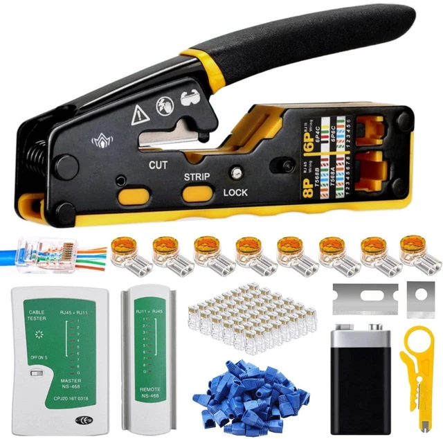 Main image of RJ45 Pass Through Crimp Tool Kit,3-in-1 Ethernet Crimper with Wire Stripper Cutter,Network Cable Tester with Battery,Cat5/5e Cat6 Cat6a RJ45 Connectors &Boots,Network Installation Tool for Home Office