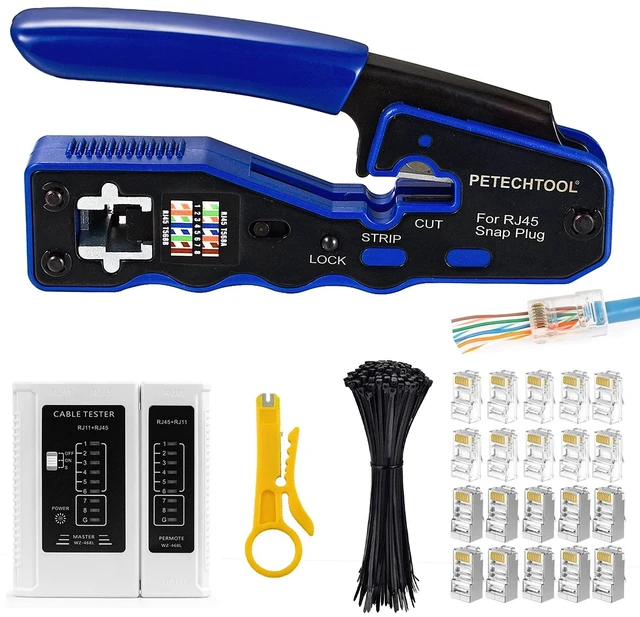 Main image of RJ45 Crimp Tool All-in-one Ethernet Crimping Tool Stripper Cutter for Pass Through Cat5 Cat6 Connectors with Cable Tester and Cat6 UTP and Shield Connectors and Black Cable Tie