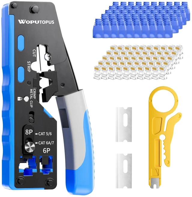 Main image of RJ45 Crimp Tool Kit Pass Through, Ethernet Crimping Tool for Cat5/5e/6/7, Includes 50-Pack Cat6 Pass Thru Connectors and 50-Pack Boots