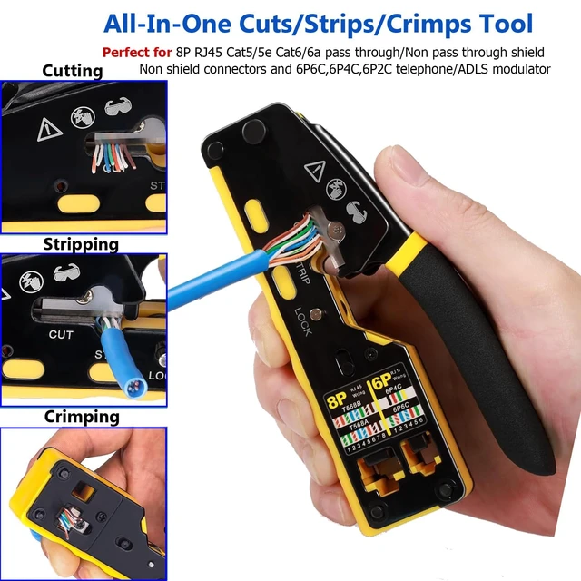 Alt view image 2 of 6 - RJ45 Pass Through Crimp Tool All-in-One Network Tool Stripper Cutter 8P 6P | Crimping Crimper Cat5 Cat6 Cat7 Cat8 Wire Cutter for 4P 6P 8P Connector RJ11/12 6P2C,6P4C,6P6C for Telephone ADLS modulator