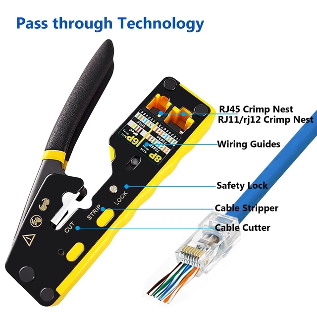 Alt view image 3 of 6 - RJ45 Pass Through Crimp Tool All-in-One Network Tool Stripper Cutter 8P 6P | Crimping Crimper Cat5 Cat6 Cat7 Cat8 Wire Cutter for 4P 6P 8P Connector RJ11/12 6P2C,6P4C,6P6C for Telephone ADLS modulator