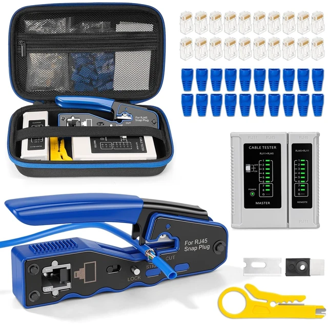 Main image of RJ45 Crimp Tool Kit with Case, Pass Through Ethernet Cat5 Cat6 Crimper | All-in-One 8P8C Modular Connectors Boot, Crimping Tool and Network Cable Tester, Battery Not Included