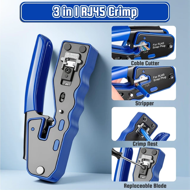 Alt view image 2 of 7 - RJ45 Crimp Tool Kit with Case, Pass Through Ethernet Cat5 Cat6 Crimper | All-in-One 8P8C Modular Connectors Boot, Crimping Tool and Network Cable Tester, Battery Not Included