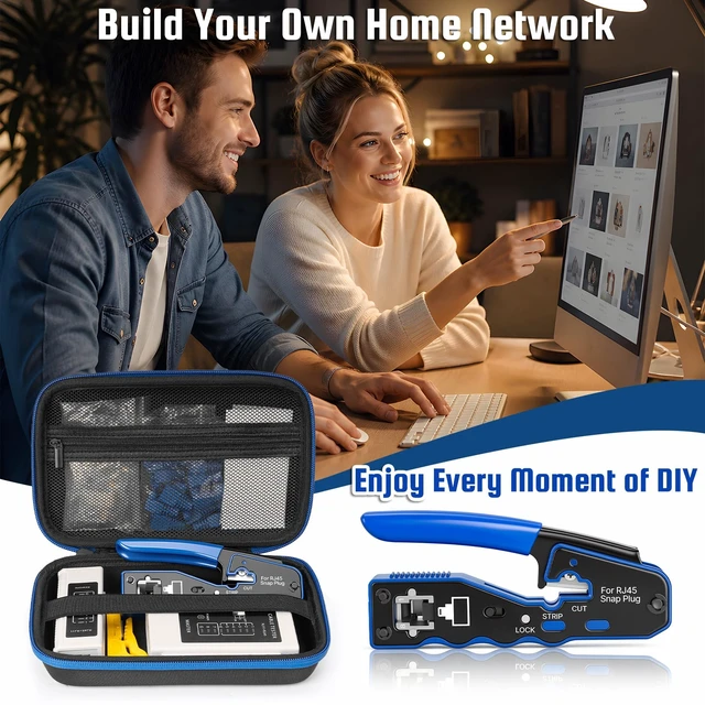 Alt view image 5 of 7 - RJ45 Crimp Tool Kit with Case, Pass Through Ethernet Cat5 Cat6 Crimper | All-in-One 8P8C Modular Connectors Boot, Crimping Tool and Network Cable Tester, Battery Not Included