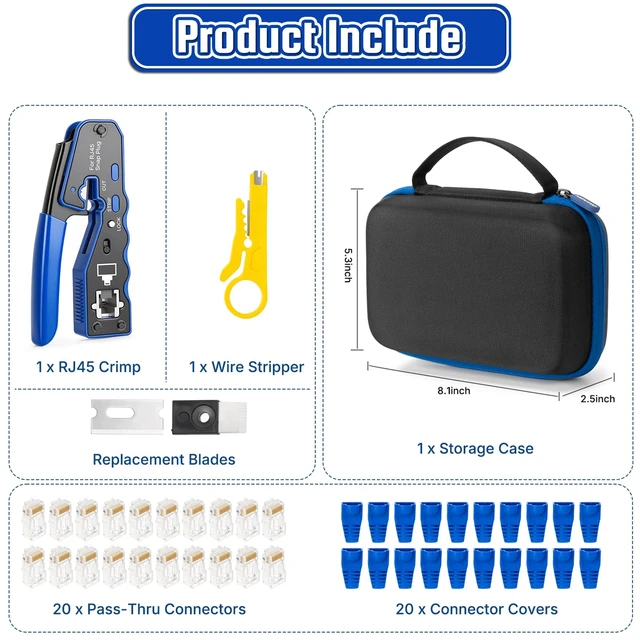 Alt view image 7 of 7 - RJ45 Crimp Tool Kit with Case, Pass Through Ethernet Cat5 Cat6 Crimper | All-in-One 8P8C Modular Connectors Boot, Crimping Tool and Network Cable Tester, Battery Not Included