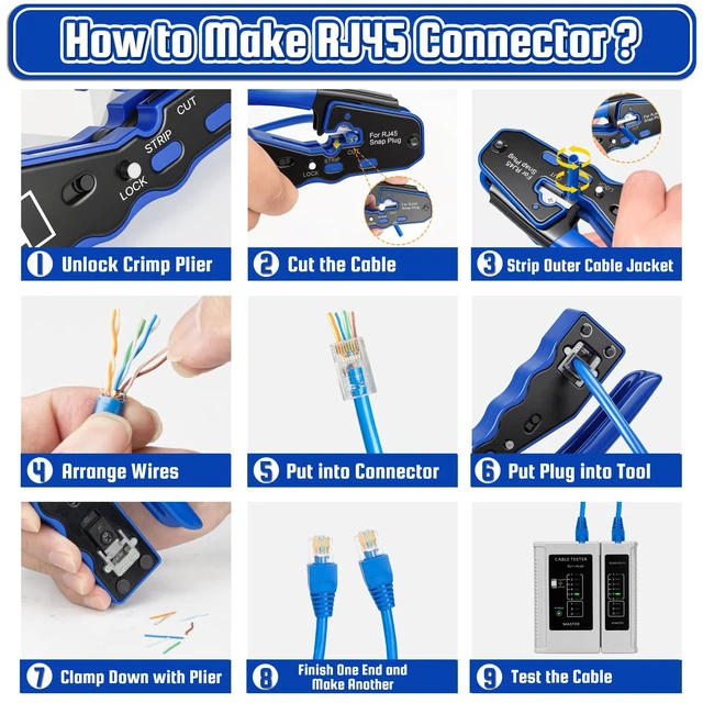 Alt view image 6 of 7 - RJ45 Crimp Tool Kit with Case, Pass Through Ethernet Cat5 Cat6 Crimper | All-in-One 8P8C Modular Connectors Boot, Crimping Tool and Network Cable Tester, Battery Not Included
