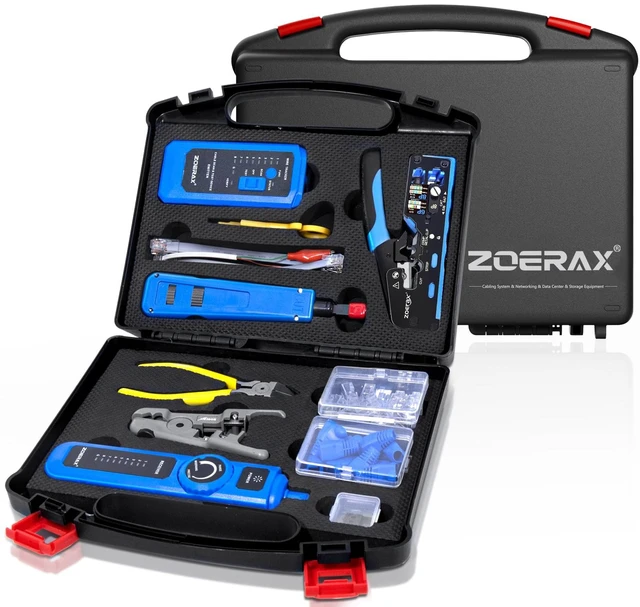 Main image of Professional Network Tool Kit, 14 in 1 - RJ45 Crimp Tool, Cat6 Pass Through Connectors and Boots, Cable Tester, Wire Stripper, Ethernet Punch Down Tool