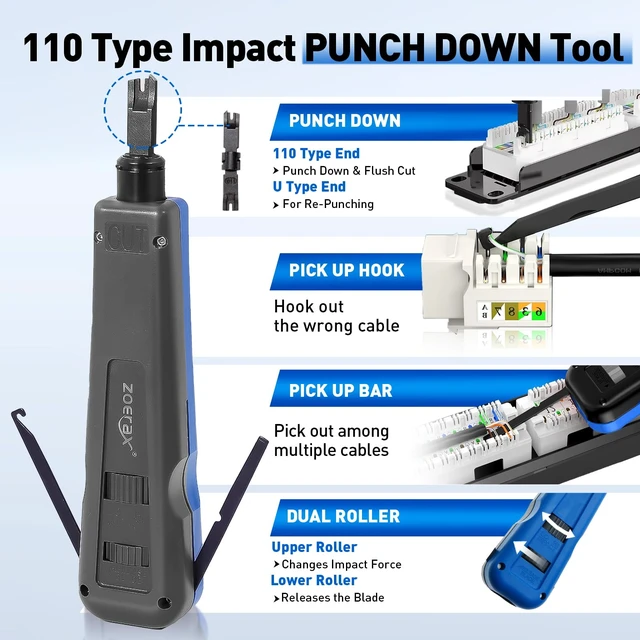 Alt view image 4 of 7 - Professional Network Tool Kit, 14 in 1 - RJ45 Crimp Tool, Cat6 Pass Through Connectors and Boots, Cable Tester, Wire Stripper, Ethernet Punch Down Tool