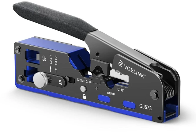 Main image of RJ45 Crimp Tool, All-In-One CAT7/6A Crimper, Adjustable Knob, Blue | Compatible with RJ45 , RJ11, and RJ12 Integrates Crimping (Connectors and Metal Clip), Cutting and Stripping Functions