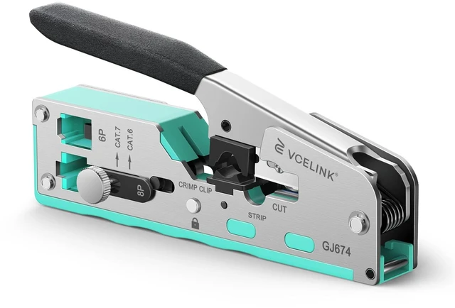 Main image of RJ45 Crimp Tool, All-In-One CAT7/6A Crimper, Adjustable Knob, Green | Compatible with RJ45 , RJ11, and RJ12 Integrates Crimping (Connectors and Metal Clip), Cutting and Stripping Functions