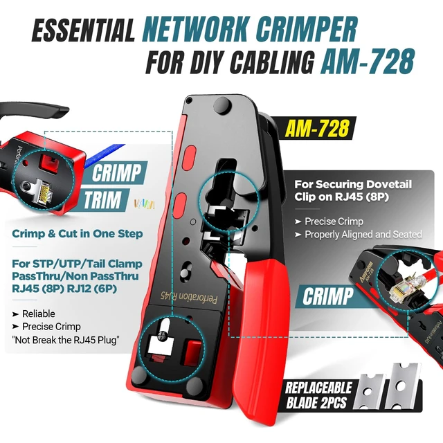 Alt view image 2 of 7 - 10-in-1 RJ45 Crimp Tool Kit Pass Through Ethernet with Tester | 110 punch down tool, 20 gold Cat6 pass-through plugs, cable tester, waterproof case, 2 spare blades
