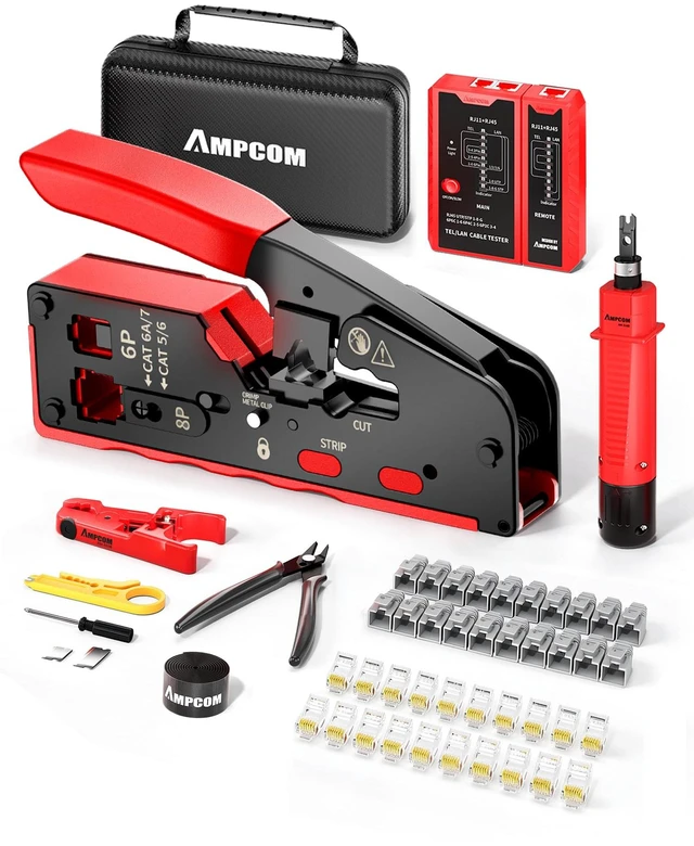 Main image of 10-in-1 RJ45 Crimp Tool Kit Pass Through Ethernet with Tester | 110 punch down tool, 20 gold Cat6 pass-through plugs, cable tester, waterproof case, 2 spare blades