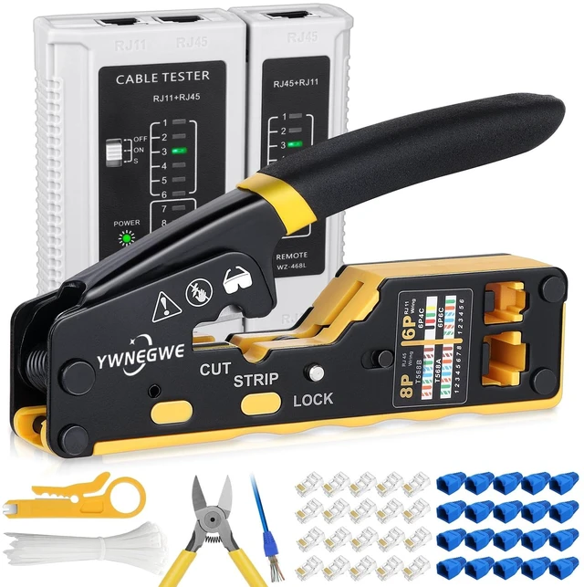 Main image of RJ45 Crimp Tool Kit Pass Through Crimper Tool for 8P RJ45 Cat5 Cat5e Cat6 Cat6a 6P RJ11/12 Modular Connectors, All-in-One RJ45 Tools Stripper Cutter Crimper Ethernet Crimping Tool Kit (144PCS)