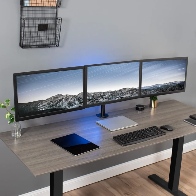 Alt view image 2 of 7 - Triple Monitor Adjustable Desk Mount, Articulating Tri Stand, Holds 3 Screens up to 24 inches, Black, STAND-V003Y