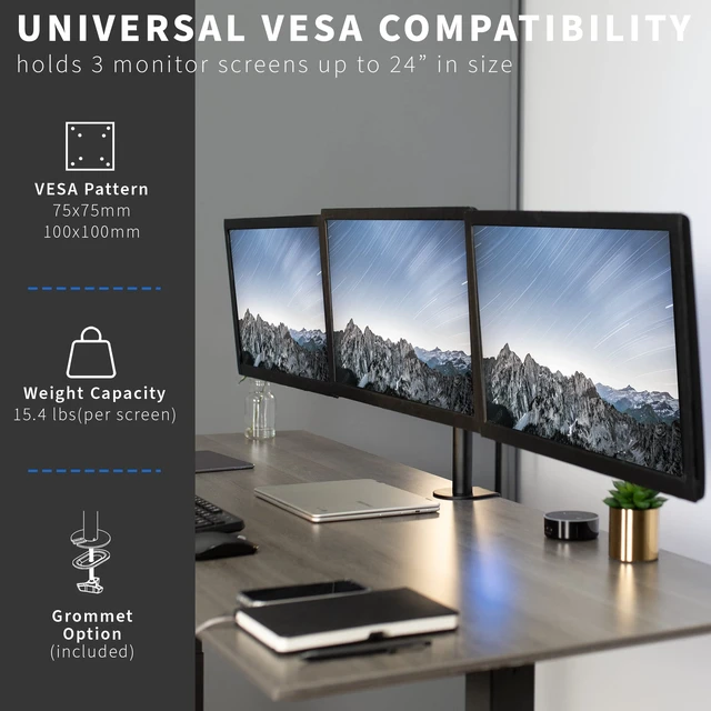 Alt view image 3 of 7 - Triple Monitor Adjustable Desk Mount, Articulating Tri Stand, Holds 3 Screens up to 24 inches, Black, STAND-V003Y