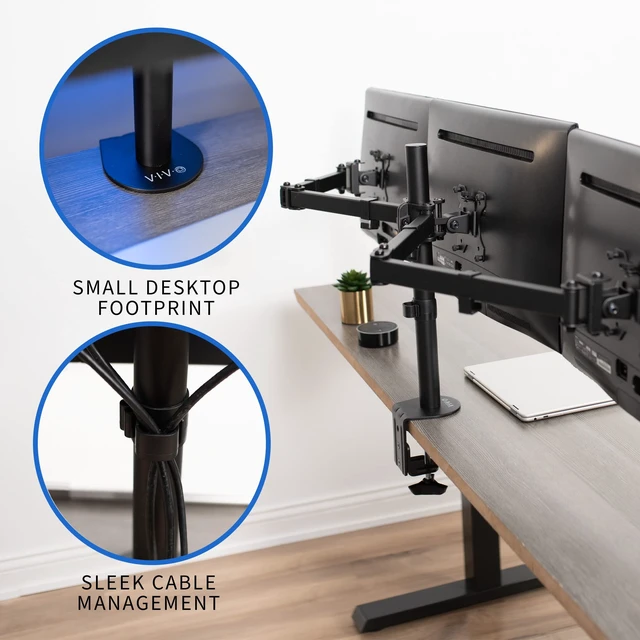 Alt view image 4 of 7 - Triple Monitor Adjustable Desk Mount, Articulating Tri Stand, Holds 3 Screens up to 24 inches, Black, STAND-V003Y