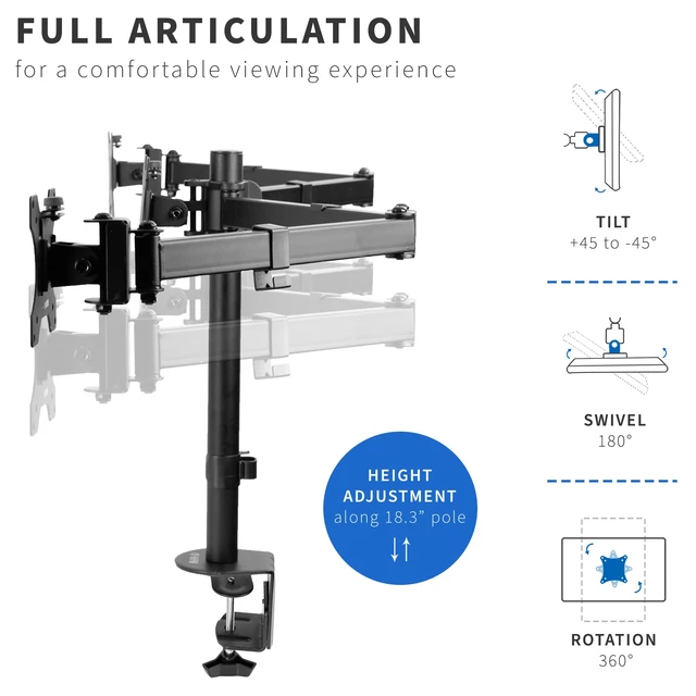 Alt view image 5 of 7 - Triple Monitor Adjustable Desk Mount, Articulating Tri Stand, Holds 3 Screens up to 24 inches, Black, STAND-V003Y