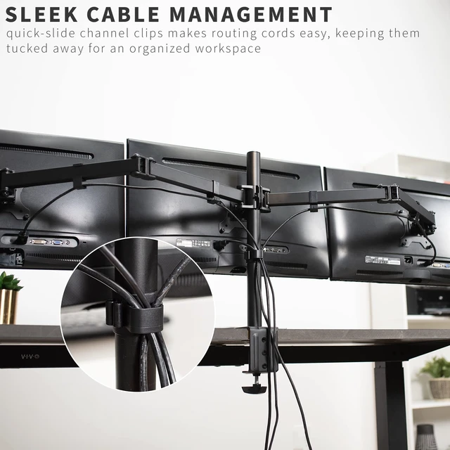 Alt view image 6 of 7 - Triple Monitor Adjustable Desk Mount, Articulating Tri Stand, Holds 3 Screens up to 24 inches, Black, STAND-V003Y