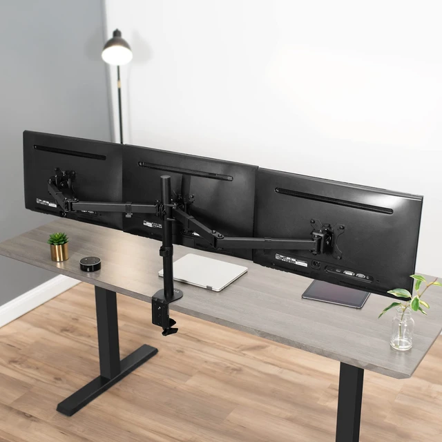 Alt view image 7 of 7 - Triple Monitor Adjustable Desk Mount, Articulating Tri Stand, Holds 3 Screens up to 24 inches, Black, STAND-V003Y
