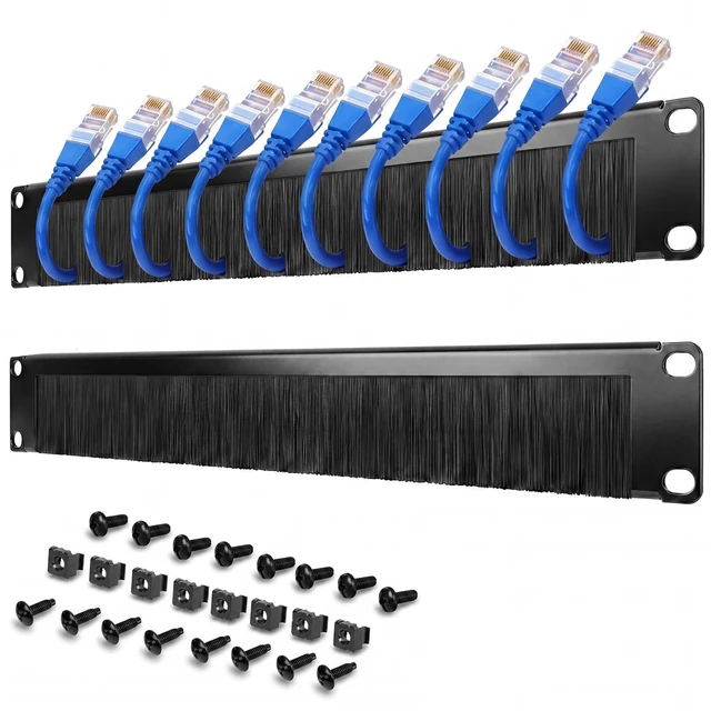 Main image of 2 Pack 1u Brush Strip Cable Management Panel, 19-inch Rack Mount | Pass-through Organizer for Server Racks/enclosures, Airflow Management & Dust Seal, Cold Rolled Steel, Black