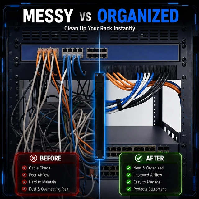 Alt view image 7 of 7 - 2 Pack 1u Brush Strip Cable Management Panel, 19-inch Rack Mount | Pass-through Organizer for Server Racks/enclosures, Airflow Management & Dust Seal, Cold Rolled Steel, Black