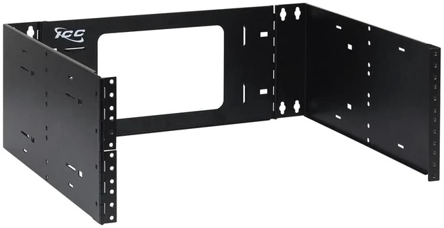 Main image of 4U EZ-Fold Wall Mount Rack Bracket, 15" Deep, 30 lb Capacity, Black | Patented folding arms ship flat, rear swing-out access, dual stud attachment, bridge lances aid tie-downs