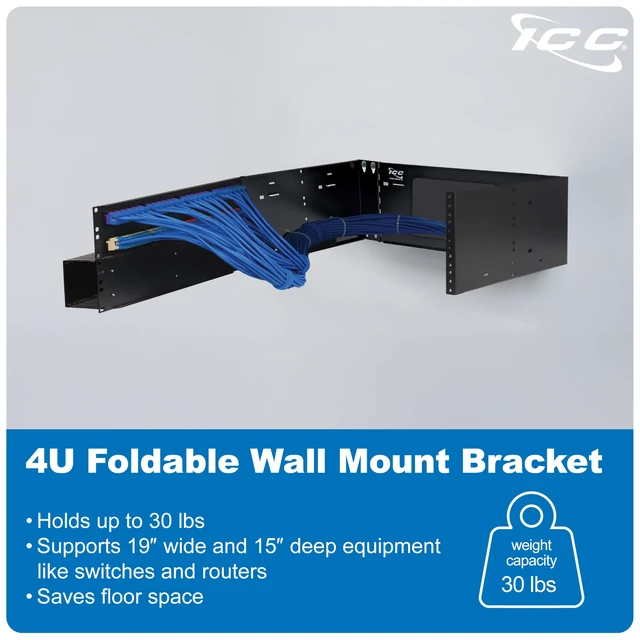 Alt view image 2 of 7 - 4U EZ-Fold Wall Mount Rack Bracket, 15" Deep, 30 lb Capacity, Black | Patented folding arms ship flat, rear swing-out access, dual stud attachment, bridge lances aid tie-downs