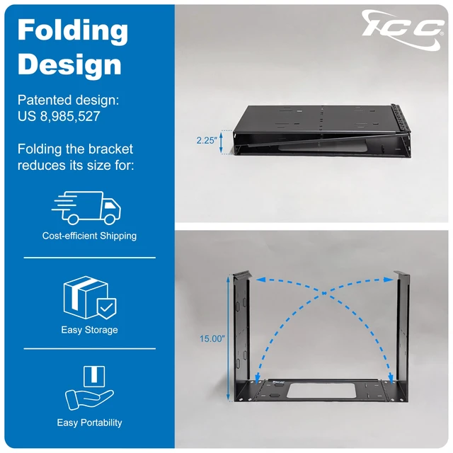 Alt view image 4 of 7 - 4U EZ-Fold Wall Mount Rack Bracket, 15" Deep, 30 lb Capacity, Black | Patented folding arms ship flat, rear swing-out access, dual stud attachment, bridge lances aid tie-downs