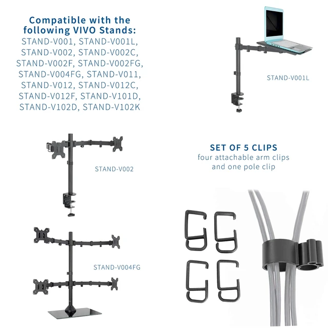 Alt view image 2 of 6 - Black Cable Management Clips for Desk Monitor Stands, PT-SD-WC05C | Computer Office Workstation Cord Organization Kit, 1 Pole and 4 Arm Clips, Set of Monitor Mount Wire Holder Hooks