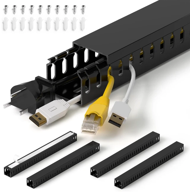 Main image of 1.4"H x 1.6"W Cable Raceway, 66in Under Desk Wire Management Channel, Black Slotted Wire Duct,4Pack, 16.5in Each, Heavy-Duty PVC Cable Management for Server Racks, Network Cables & Electrical Cabinets