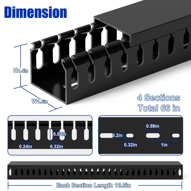 Alt view image 2 of 7 - 1.4"H x 1.6"W Cable Raceway, 66in Under Desk Wire Management Channel, Black Slotted Wire Duct,4Pack, 16.5in Each, Heavy-Duty PVC Cable Management for Server Racks, Network Cables & Electrical Cabinets