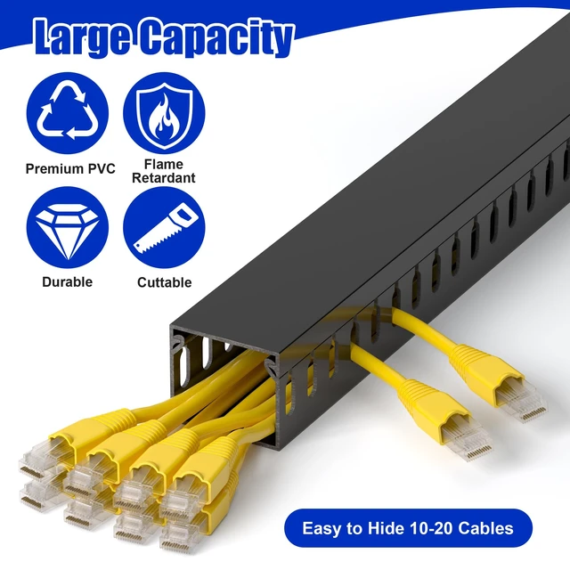 Alt view image 3 of 7 - 1.4"H x 1.6"W Cable Raceway, 66in Under Desk Wire Management Channel, Black Slotted Wire Duct,4Pack, 16.5in Each, Heavy-Duty PVC Cable Management for Server Racks, Network Cables & Electrical Cabinets